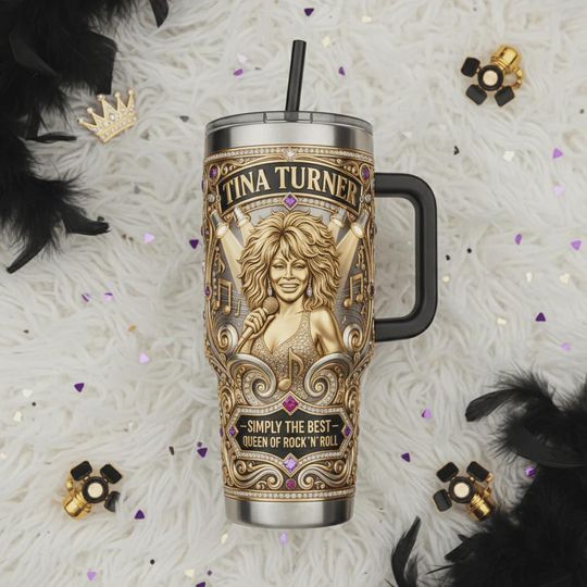 Discover Tina Turner Queen Of Rock Roll Insulated Travel Mug 40oz Tumbler With Handle Golden Microphone Engraved Iced Coffee Cup Music Lover