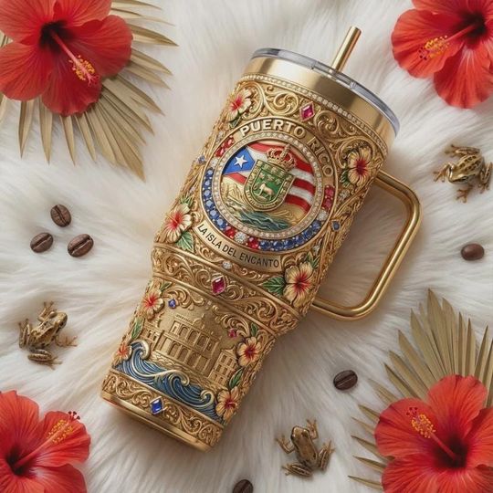 Discover Puerto Rico Gold Tumbler 40oz with Handle Straw Custom Boricua Pride Gift Isla Del Encanto Coffee Mug Heritage Souvenir Hibiscus Art Design