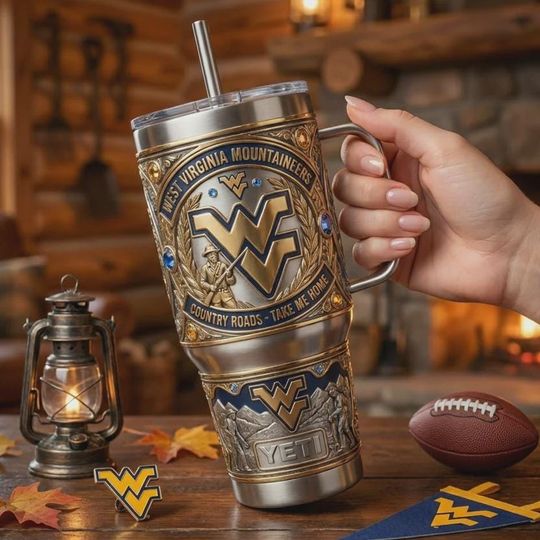 Discover West Virginia Mountaineers Tumbler 40oz Mug with Handle Country Roads Take Me Home Fan Gift WVU Alumni Sports Gear Silver Gold Filigree Art