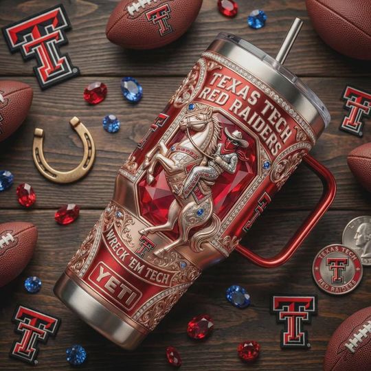 Discover Texas Tech Red Raiders Tumbler 40oz Mug with Handle Wreck Em Tech Fan Gift Alumni Sports Gear Red Gold Filigree Masked Rider Design Art