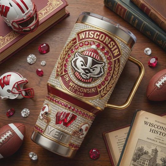 Discover Wisconsins Badge Tumbler 40oz Mug with Handle On Wisconsin Fan Gift Alumni Sports Gear Red White Gold Filigree BUCKYY Bn Badge Design Art