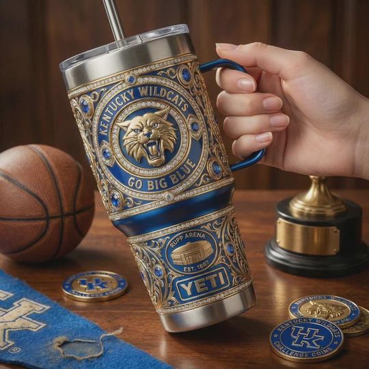 Discover Kentucky Wildcats Tumbler 40oz Mug with Handle Go Big Blue Fan Gift University of Kentucky Alumni Gear Blue Gold Filigree Cat Design Art