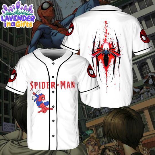 Discover Personalized Spider-Man Baseball Jersey, Custom Name Superhero Shirt, Red White Comic Jersey, Gift for Marvel Fans