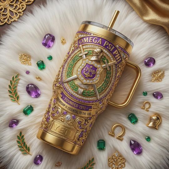 Omega Psi Phi Fraternity 40oz Tumbler Gold Purple Shield Greek Life Travel Mug