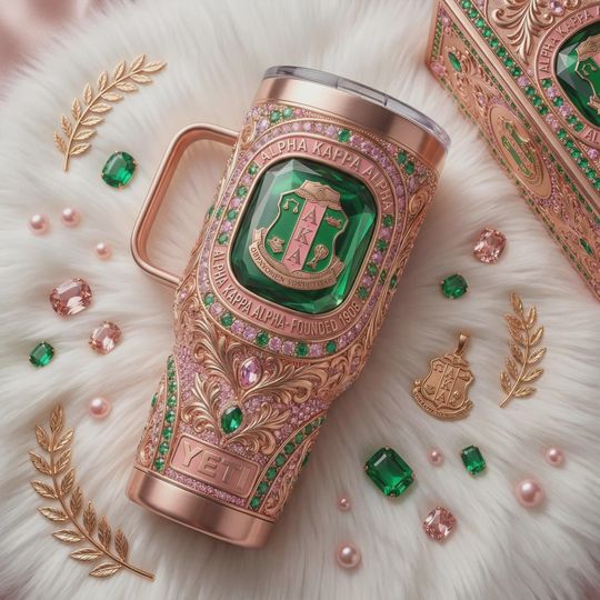 Alpha Kappa Alpha AKA Sorority 40oz Tumbler Pink Green Jewels Greek Life Travel Mug