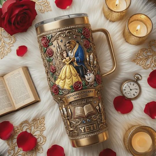Discover Beauty and the Beast 40oz Tumbler 35th Anniversary Tale as Old as Time Custom Gift Belle and Beast Insulated Travel Mug with Handle Straw