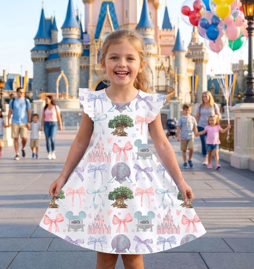 Happiest Place On Earth Dress For Kid, Magic Kingdom Ruffle Dress, Disney World Trip Sleeve Dress, Disneyworld Trip Outfit
