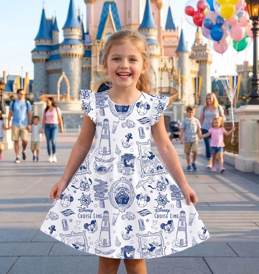 Disney Cruise Line 2026 Ruffle Dress, Mickey and Friends Sleeve Dress, Disney Trip 2026 Dress For Kid, Magic Kingdom Gifts