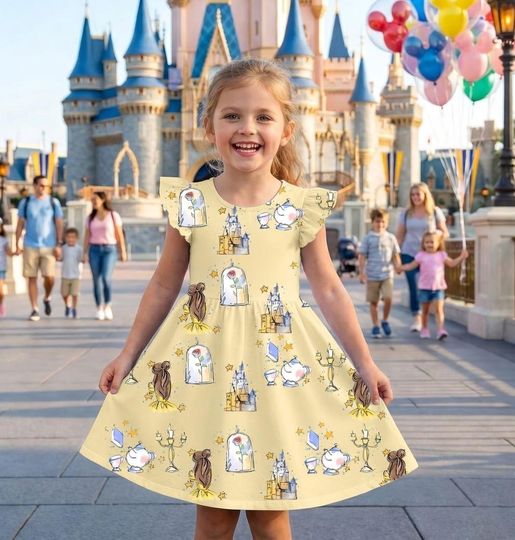 Disney Belle Princess Ruffle Dress, Beauty And The Beast Sleeve Dress, DisneyPrincess Dress, Magic Kingdom Gifts