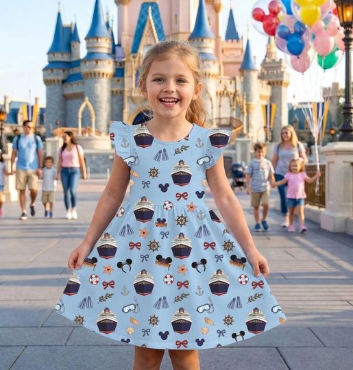 Discover Nautical Disney Cruise Line 2026 Ruffle Dress, Mickey and Friends Sleeve Dress, Wish Treasure Vacation Wear, Magic Kingdom Gifts
