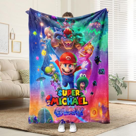 Personalized Super Mario Galaxy 2026 Blanket, Custom Name Super Mario Birthday Party Fleece Blanket, Birthday Boy/Girl Mario Lovers Gift.