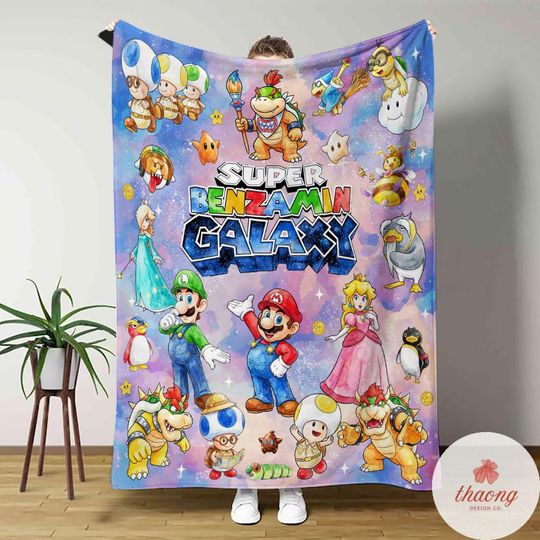 Personalized Super Mario Galaxy blanket, Custom Name Mario Luigi Peach Princess Rosalina Luma Blanket, Birthday Girl Boy gift blanket