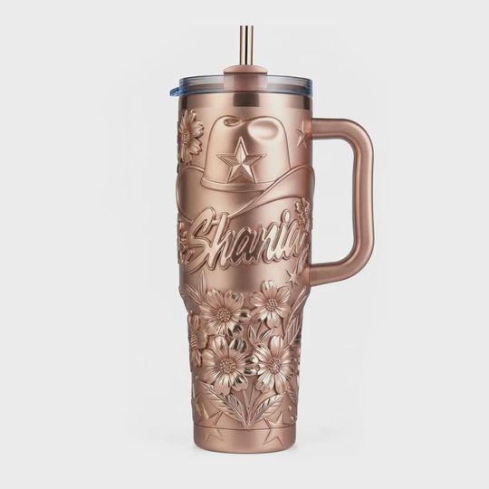 Discover Shania Country Music 40oz Tumbler Rose Gold Cowgirl Hat Floral Custom Gift for Fans Shania Twain Insulated Travel Mug with Handle Straw