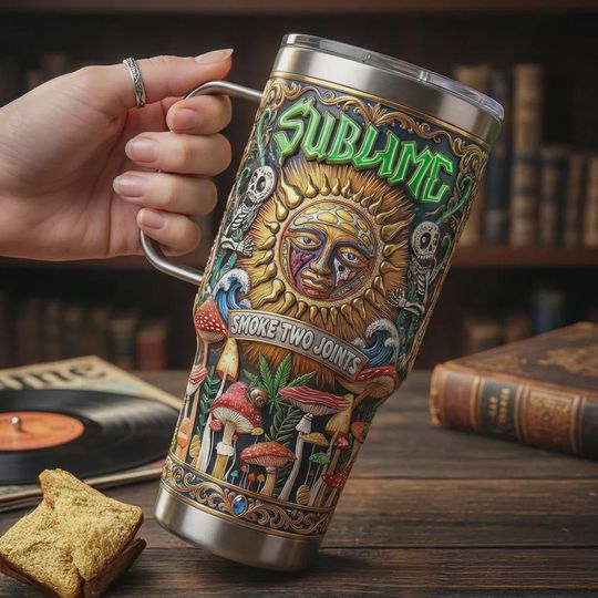 Sublime Band 40oz Tumbler Smoke Two Joints Custom Music Fan Gift Psychedelic Sun Mushroom Design Insulated Travel Mug with Handle Straw