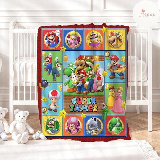 Personalized Super Mario Blanket, Custom Name Super Mario Birthday Party Fleece Blanket, Birthday Boy/Girl Mario Lovers Gift Home Decoration