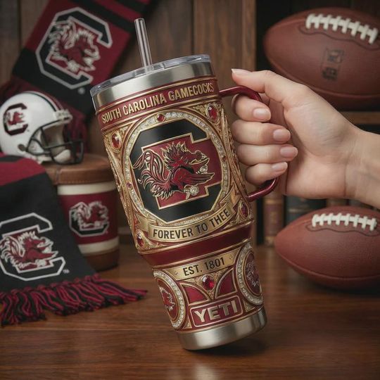 Discover South Carolina Gamecocks 40oz Tumbler Forever To Thee Custom NCAA Sports Fan Gift Garnet and Gold Insulated Travel Mug with Straw Handle