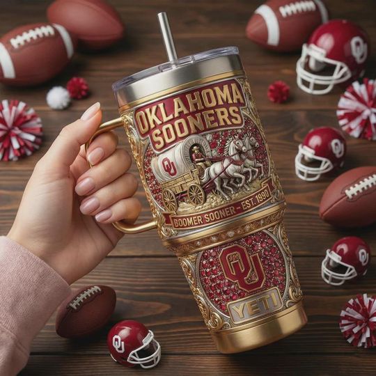 Oklahoma Sooners 40oz Tumbler Boomer Sooner Custom NCAA College Sports Fan Gift Crimson and Gold Insulated Travel Mug with Handle Straw