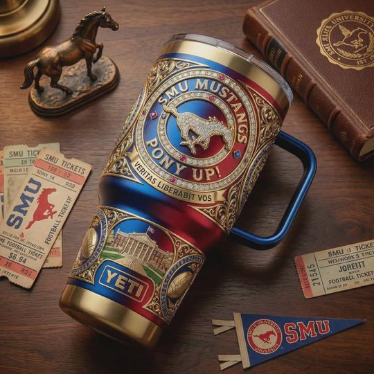 SMU Mustangs 40oz Tumbler with Handle Pony Up NCAA College Football Blue Red Gold Jeweled Design Insulated Travel Mug University Fan Gift