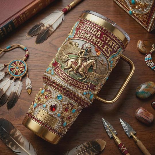 Discover Florida State Seminoles 40oz Tumbler with Handle Unconquered NCAA College Football Garnet Gold Jeweled Design Insulated Travel Mug Gift