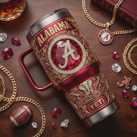 Discover Albm Crimson Tide 40oz Tumbler with Handle Roll Tide Elephant NCAA College Football Crimson Gold Jeweled Design Insulated Travel Mug