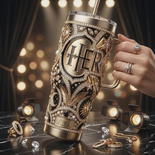 Discover HER Monogram 40oz Tumbler with Handle Art Deco Gold Black Luxury Pearl Jewel Design Insulated Travel Mug Glamour Gift for Women Birthday