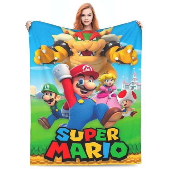 Super Mario Blanket: Bowser, Mario, Peach, Luigi Microfiber