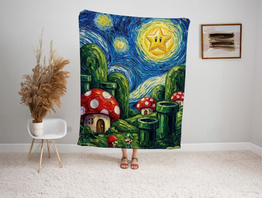 Discover Starry Night Mushroom Kingdom Blanket, Gamer Art Style