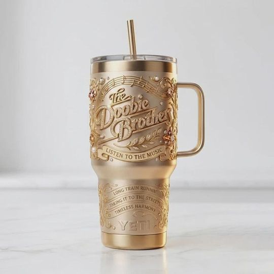 Discover The Doobie Brothers 40oz Tumbler with Handle Listen to the Music Gold Elegant Classic Rock Insulated Travel Mug Luxury Design Fan Gift