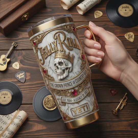 Discover Jelly Roll 40oz Tumbler with Handle Crown Prince of Country Rap Skull Marble Gold Design Insulated Travel Mug Music Artist Legacy Fan Gift