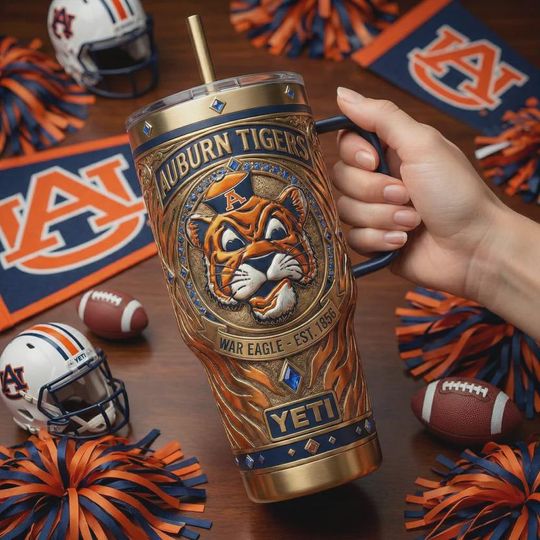 Discover Auburn Tigers 40oz Tumbler with Handle War Eagle Mascot Blue Orange Gold Design Insulated Travel Mug NCAA College Football Sports Fan Gift