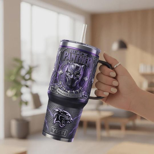 Discover Black Panther 40oz Tumbler with Handle Wakanda Forever Marvel Superhero Purple Black Armor Design Insulated Travel Mug Movie Fan Geek Gift