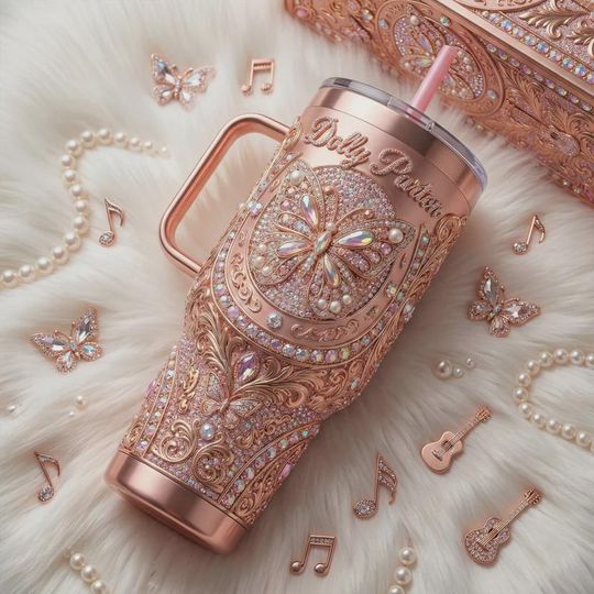 Discover Dolly Parton 40oz Tumbler with Handle Butterfly Pink Rose Gold Bling Jewel Design Luxury Insulated Travel Mug Country Music Icon Fan Gift