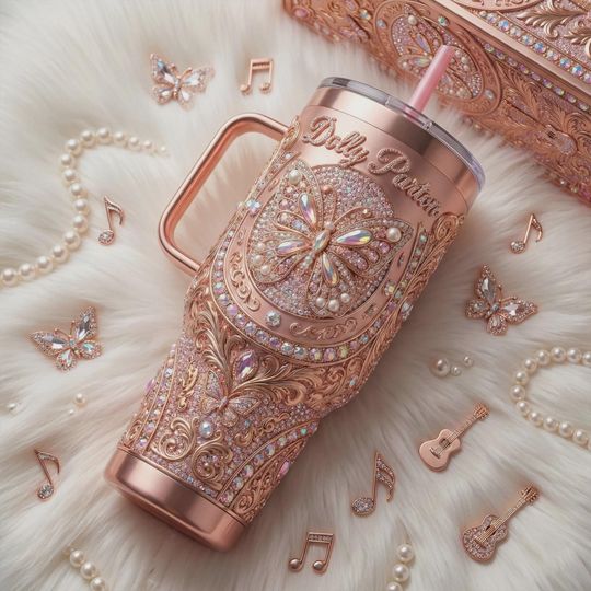 Discover Pink Rose Gold Country Queen Butterfly Guitar 40oz Mug with Handle Rhinestone Cup