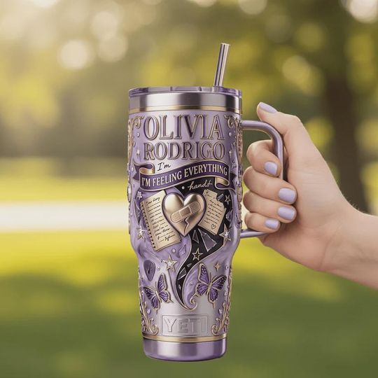 Discover Olivia Rodrigo Tumbler 40oz with Handle Im Feeling Everything Purple Butterfly Heart Pop Music Fan Gift GUTS Sour Tour Insulated Coffee Mug