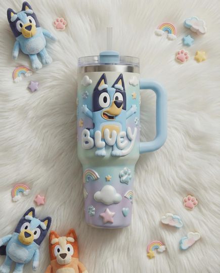 Discover BlueyDad Cartoon Dog Cute Rainbow Insulated Travel Mug 40oz Tumbler With Handle 3D Embossed Kids Show Engraved Iced Coffee Cup For Kids