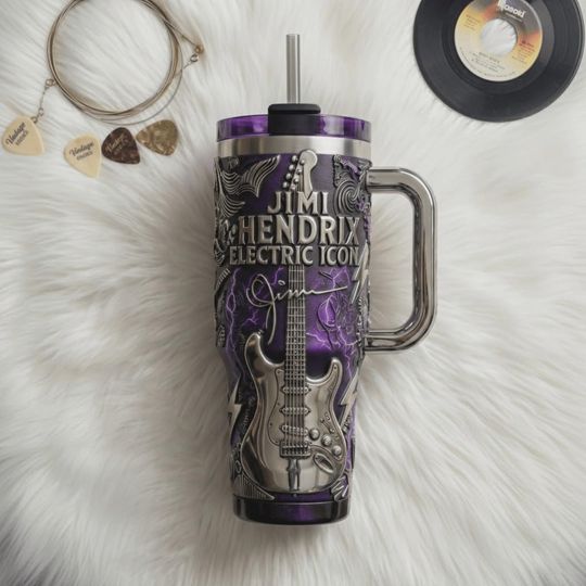 Jimi Hendrix Electric Guitar Icon Insulated Travel Mug 40oz Tumbler With Handle Purple Rock Music Engraved Iced Coffee Cup For Him