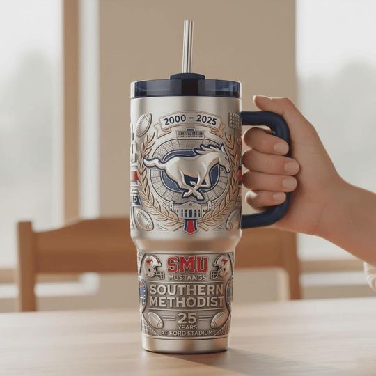Discover SMU Mustangs Southern Methodist Insulated Travel Mug 40oz Tumbler With Handle Ford Stadium Engraved Iced Coffee Cup For Football Fans