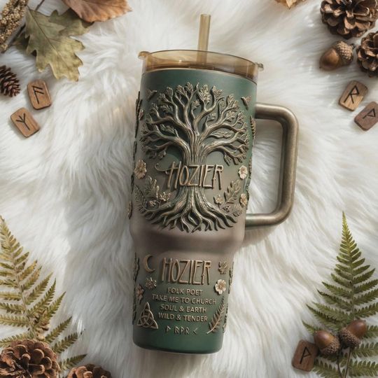Discover Hozier Folk Poet Tree Of Life Insulated Travel Mug 40oz Tumbler With Handle Indie Rock Music Lover Gift Engraved Iced Coffee Cup Green