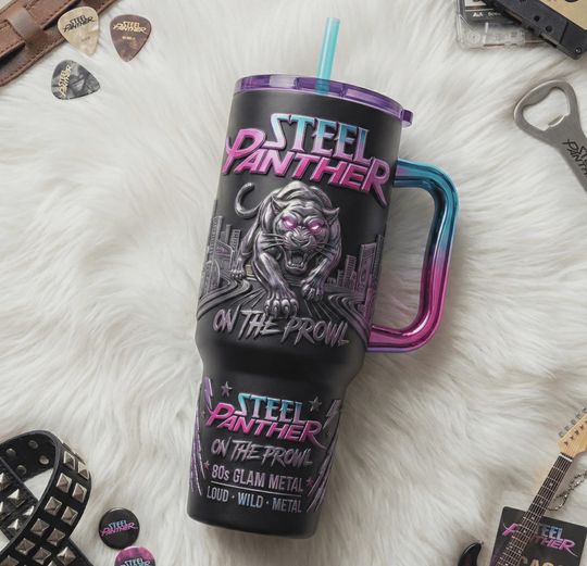 Discover Steel Panther Glam Metal Band Insulated Travel Mug 40oz Tumbler With Handle Retro Neon Panther Engraved Iced Coffee Cup For Rock Fans