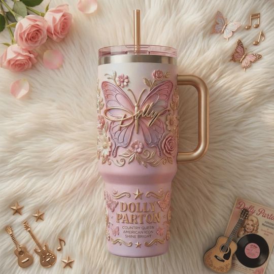 Discover Dolly Parton Butterfly 40oz Tumbler Country Queen Pink Floral Insulated Travel Mug Gift