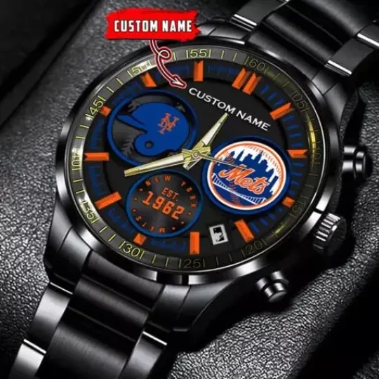 Discover New York Mets Black Stainless Steel Custom Name Watch
