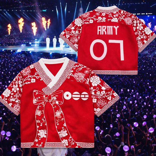 Discover Bangtan Tour Hanbok Style Floral Mesh Jersey, Outfits Concert , Unisex Streetwear, Fan Inspired Outfit, Music Lover Gift