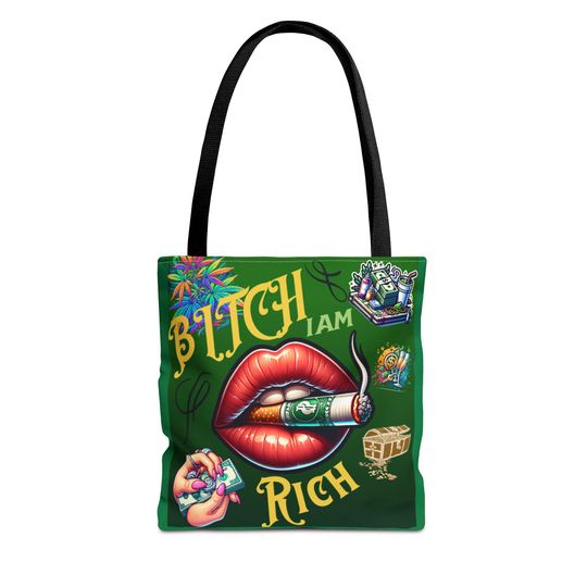Discover Bitch I Am Rich Tote Bag with Retro Lip Cigarette Money Graphics