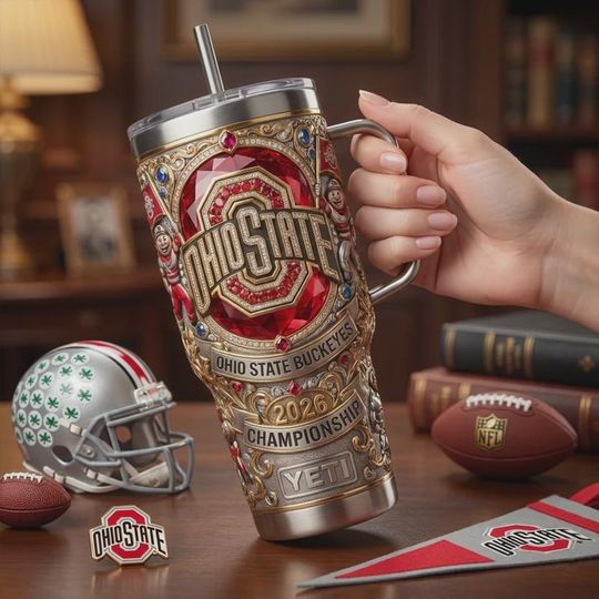 Discover Ohio State Buckeyes Tumbler 40oz with Handle 2026 Championship Gift for NCAA Football Fans Custom Red Gold jeweled Insulated Coffee Cup