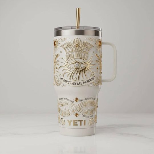 Discover 40oz Bob Dylan Inspired Timeless Folk Music Travel Mug White Gold
