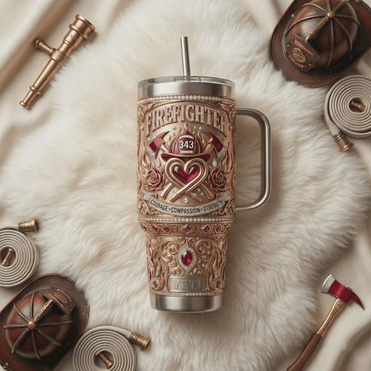 Discover Firefighter Courage Compassion Strength 40oz Tumbler with Handle First Responder Gift Fire Dept Travel Mug Engraved Insulated Coffee Cup