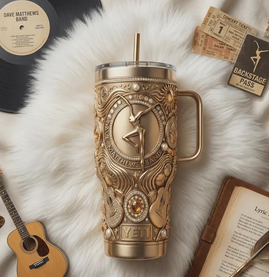 Dave Matthews Band Fire Dancer 40oz Tumbler with Handle Gold Music Fan Gift Guitar Engraved Insulated Travel Mug Rock Band Merchandise Gift