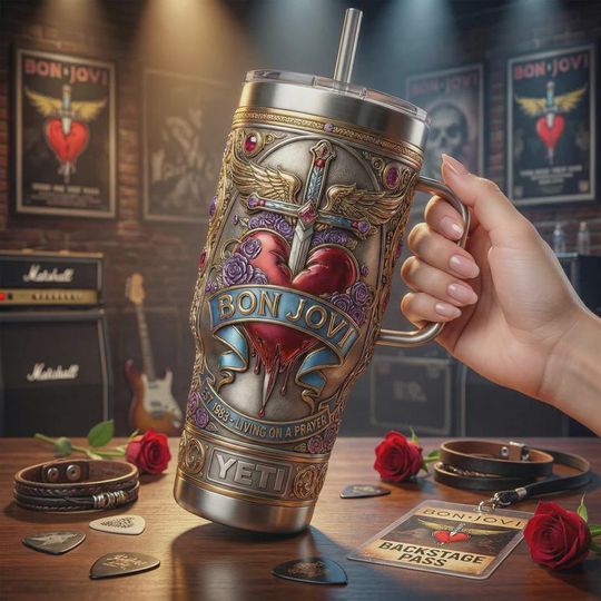 Discover Bon Jovi Tumbler 40oz with Handle Living on a Prayer Rock Music Fan Gift Heart Dagger Roses Design Insulated Coffee Mug Retro Band Merch