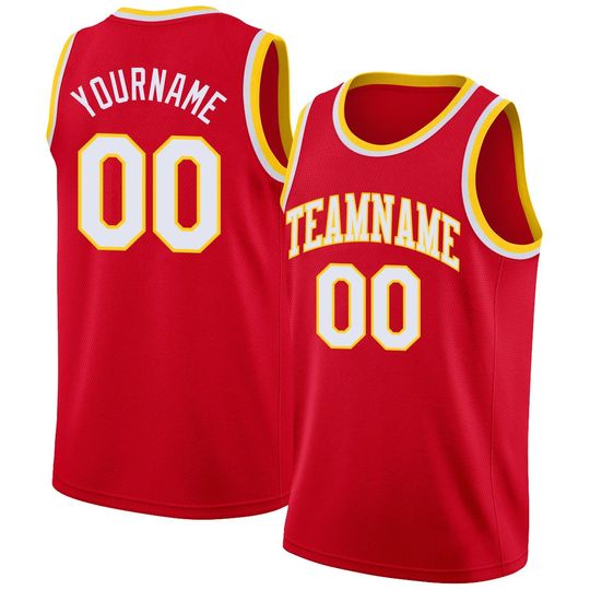 Discover Custom Red White & Gold Basketball Jersey  Round Neck Rib-Knit Authentic Jersey, Unisex Sportswear ,Personalized Basketball Jersey