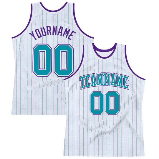 Discover Custom White Teal Pinstripe Teal-Purple Authentic Basketball Jersey, Personalized Name & Number